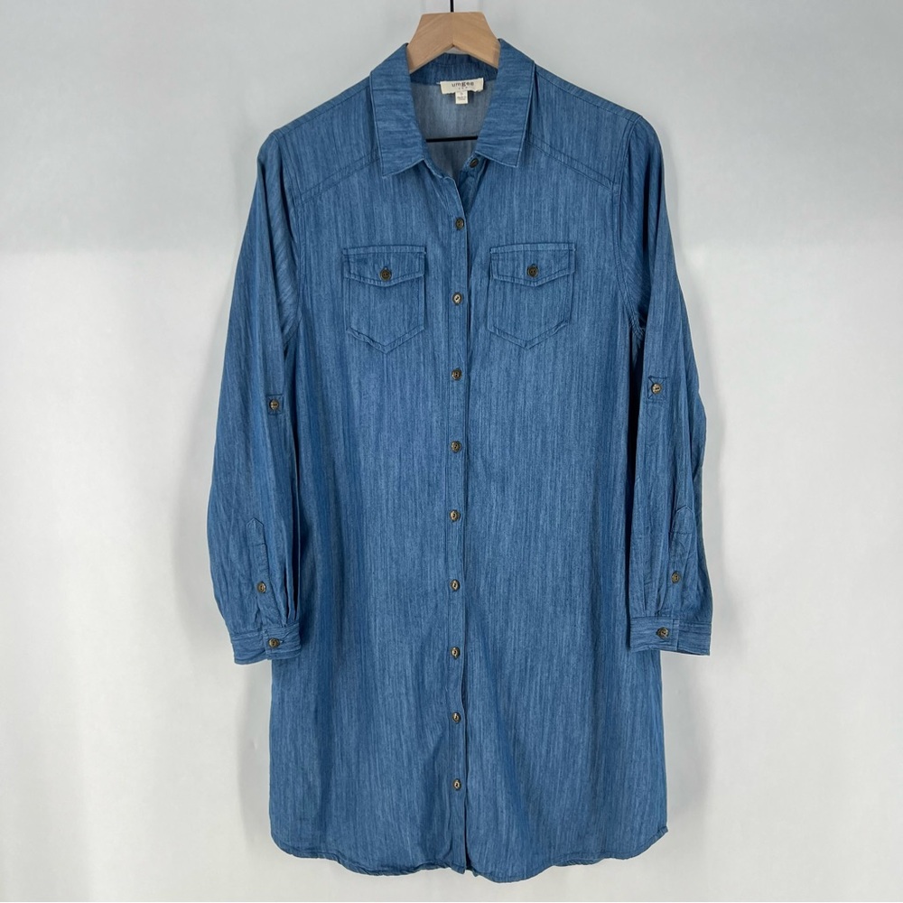 Umgee Blue Chambray Denim Button Front Shirt Dress‎ Long Roll Tab Sleeve Casual